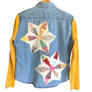 Upcycled Denim Shirt: Vintage Quilt Patchwork, Yellow Waffle Knit Sleeves Size M
